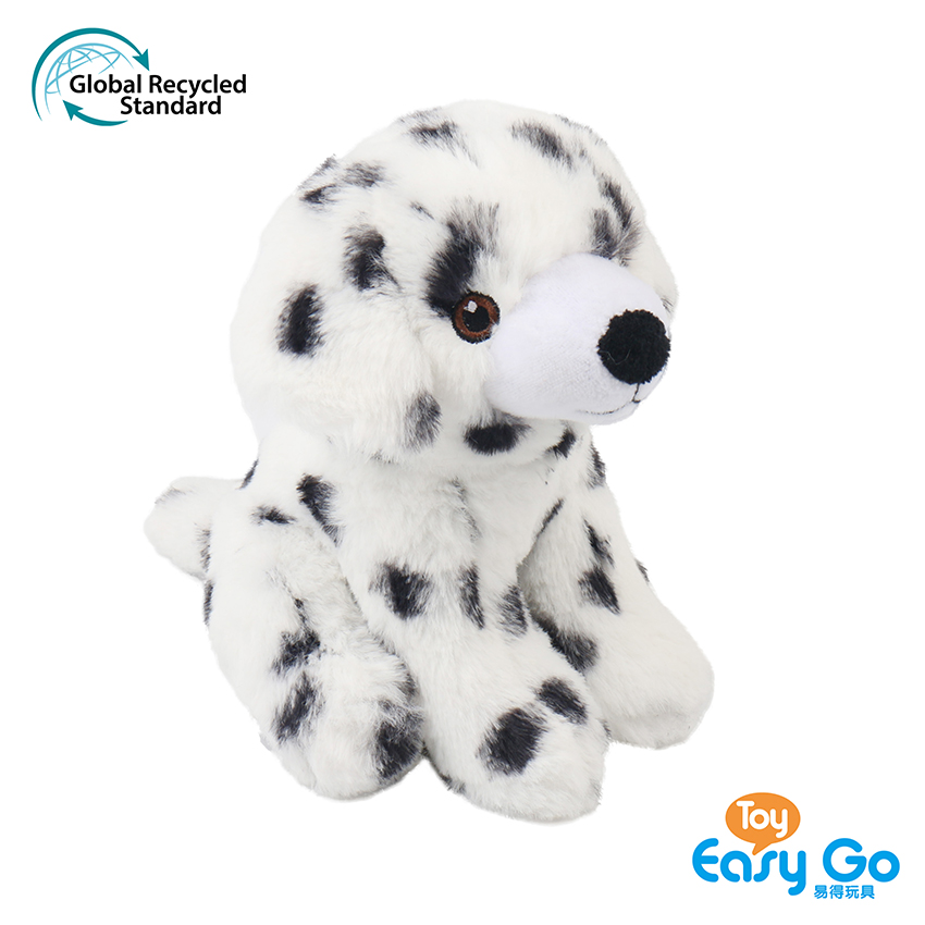 100% recycled plush stuffed sitting spotty dog toy